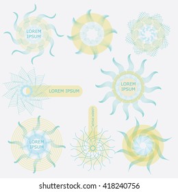 Sun logo swirl, solar sigh. Design elements.