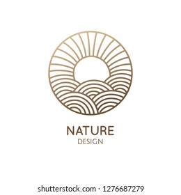 Sun logo template. Vector linear round icon of sea landscape with waves, light of a sun. Minimal logotype for business emblems, badge for a travel, tourism and ecology concepts, health and yoga Cente