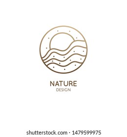 Sun logo template. Vector linear round icon of sea landscape with waves, lights of a sun. Minimal logotype for business emblem, badge for a travel, tourism and ecology concepts, health and yoga Center