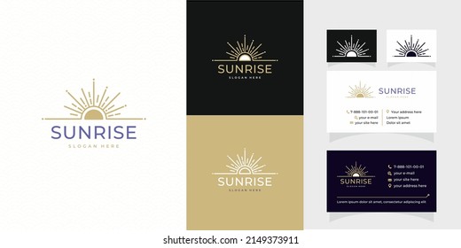 Plantilla de logotipo de Sun con logotipo de concepto moderno creativo y prima de diseño de tarjetas de visita. Icono de sol dorado del logotipo del sol abstracto con rayos radiales geométricos del espacio negativo de la explosión solar. Ilustración vectorial.