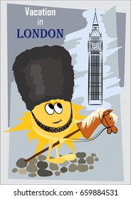 Sun in London. Sun's vacations, vector sun traveling to London