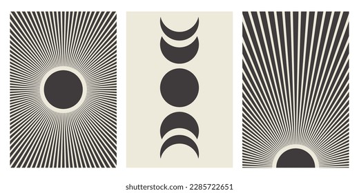 Sun with long beam rays, moon phases vector illustration. Contemporary minimalist sun ans moon landscape cards set. Wall art. Sunset, esoteric moon phases alchemy symbols. Sky celestial objects
