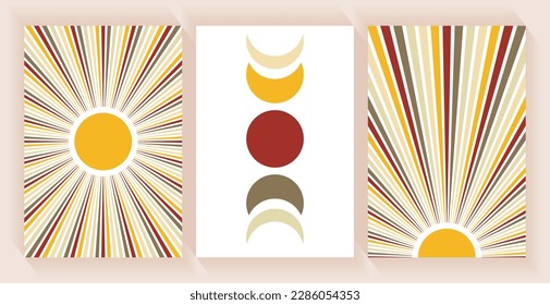 Sun with long beam rays, moon phases vector illustration. Contemporary minimalist sun ans moon landscape cards set. Wall art. Sunset, esoteric moon phases alchemy symbols. Sky celestial objects