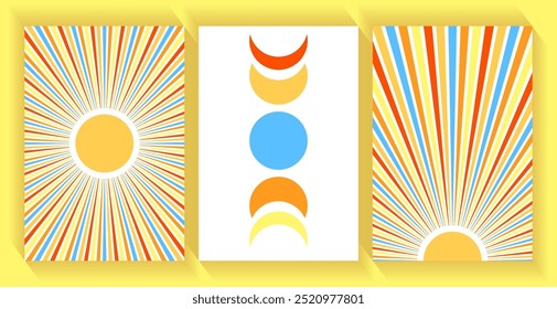 Sun with long beam rays, moon phases vector illustration. Contemporary minimalist sun ans moon landscape cards set. Wall art. Sunset, esoteric moon phases alchemy symbols. Sky celestial objects