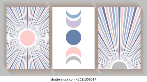 Sun with long beam rays, moon phases vector illustration. Contemporary minimalist sun ans moon landscape cards set. Wall art. Sunset, esoteric moon phases alchemy symbols. Sky celestial objects