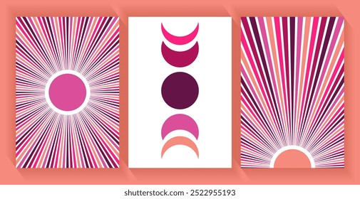 Sol com raios de feixe longo, ilustração do vetor das fases da lua. Contemporâneo minimalista sol e lua paisagem cartões set. Arte de parede. Pôr do sol, lua esotérica fases símbolos de alquimia. Objetos celestes celestes do céu