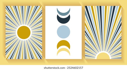 Sol con rayos de haz largo, Ilustración vectorial de fases lunares. Conjunto de tarjetas minimalistas contemporáneas de sol y luna. Puesta de sol, fases esotéricas de la luna, símbolos de alquimia. Objetos celestes del cielo