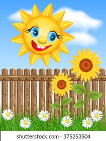 Sun looks from behind a fence on a sunflower and smiling