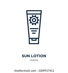 icono de ubicación de sol de la colección de camping. Lución de sol lineal delgada, loción, icono de contorno solar aislado en fondo blanco. Signo de loción de sol vectorial de línea, símbolo para web y móvil