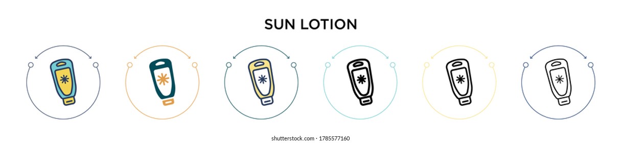 Sun Lotion Symbol in vollem, dünnen Linie, Umriss und Strich Stil. Vektorgrafik von zwei farbigen und schwarzen Sonnenstrahlen Vektorsymbol-Design kann für mobile, i, web-basierte