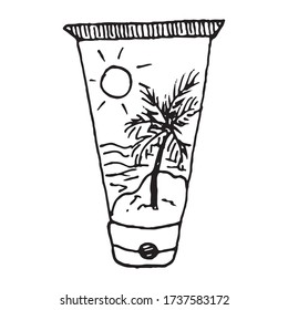 Sun lotion as a protection cream against getting sunburn. Vector hand drawn illustration in sketch reslistic doodle style. Tube with landscape of sea, palm and water. Concept of beach, cosmetics