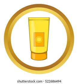 Sun lotion vector icon in golden circle, cartoon style isolated on white background