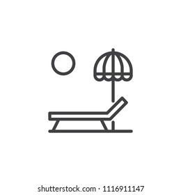Sun lounger and Beach umbrella outline icon. linear style sign for mobile concept and web design. Parasol, summer umbrella and sunbed simple line vector icon. Symbol, logo illustration. Pixel perfect
