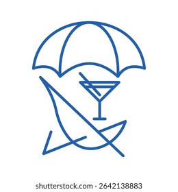 Sun lounger, soft drink, sun umbrella. Beach rest . Vacation, holidays. Vector linear icon illustration isolated on white background.