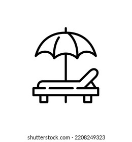 Sun lounger and umbrella. Beach club luxury style relaxation. Pixel perfect, editable stroke icon