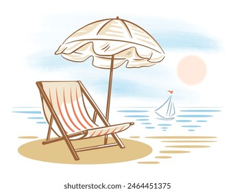 Sun lounger under a sun umbrella and a sailboat in the background. Beach sea vacation. Sketch Vector