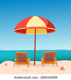 Sonnenliegen am Strand unter einem Regenschirm. Cartoon-Stil. Meeressand. Starfish. Meer. Entspannen. Reisen. Konzept. Vektorgrafik