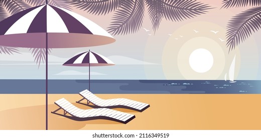 Sun loungers on a deserted summer beach. Sailing yachts on the sea horizon. Background vector illustration for landing page mockup or flat design advertising banner.