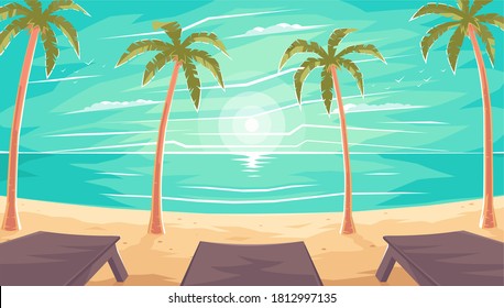 Sun loungers on a sea or ocean beach under palm trees. Sunset on the beach under the palm trees. Summer or luxurious beach for holidays. Sunset under palm trees on the beach. Vector illustration.