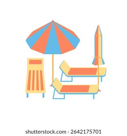 Sun loungers and parasol vector illustration. Colorful striped beach umbrella and sunbeds isolated on white background. Summer vacation composition, seaside sunbathing relax in flat cartoon style
