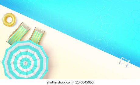 Sun loungers, swimming ring under umbrella at edge of pool, top view. Concept of summer vacation poster, flat lay. Vector template for summertime design, cover, banner, leaflet.