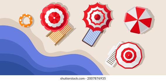 Sun loungers and umbrellas on the beach. Flat style illustration.