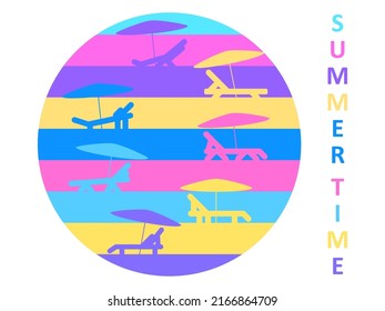 Sun loungers with umbrellas pop art style. Summer time, sunbathing. Sun lounger on the beach. Design for banners, posters and beach advertising. Vector illustration