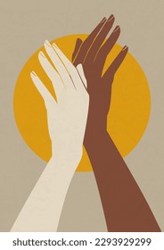 Sun with lovely hands silhouette poster illustration. Multiethnic love postcard minimalist vector illustration.