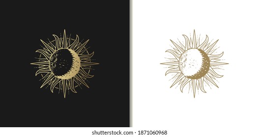 Sun luxury gold hand drawn engraving style vector illustration.