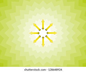The sun made out of arrows on the tricky green background.
