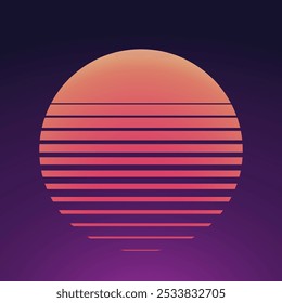 Sol de textura de líneas de degradado de semitono rayado. Fondo de gradación de rayas Horizontales que se desvanece de delgado a grueso. Patrón paralelo semitono círculo rojo aislado en Ilustración vectorial púrpura.