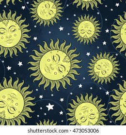 Sun magic vector seamless pattern with stars. Vintage style. Wallpaper, wrapping paper or fabric design for children. Astronomy, astrology, magic. Solar coloring book for kids and adults. 