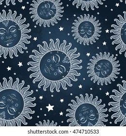 Sun magic vector seamless pattern with stars. Vintage style. Wallpaper, wrapping paper or fabric design for children. Astronomy, astrology, magic. Solar coloring book for kids and adults. 