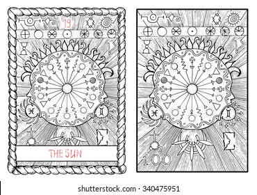 The sun. The major arcana tarot card, vintage hand drawn engraved illustration with mystic symbols. 