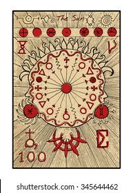 The sun. The major arcana tarot card in color, vintage hand drawn engraved illustration with mystic symbols.