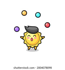 sun mascot is checking the authenticity of a diamond the sun circus cartoon juggling a ball , cute style design for t shirt, sticker, logo element
