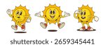 Sun mascot in dynamic poses including running, jumping with open arms, and saluting with a wink. Great for kids content, summer themes, branding, and education visuals