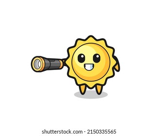 sun mascot holding flashlight , cute design