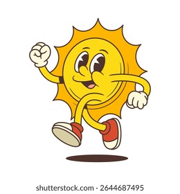 Sun mascot running fast with energetic expression, wearing sneakers and gloves. Perfect for summer, weather, sports and cheerful projects. Playful character suitable for various fun and active themes