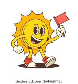 Sun mascot smiling and walking while holding a red flag. Perfect for summer, vacation, weather and playful branding. Ideal for logos, icons, advertising, and creative projects. Vector illustration