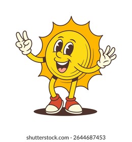 Sun mascot smiling widely and showing a victory hand gesture. Perfect for summer, vacation, branding, and joyful communication projects. Vector illustration