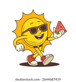 Sun mascot with sunglasses holding a juicy watermelon slice while walking cheerfully. Perfect for summer, vacation, and playful design projects. Suitable for logos and advertising. Vector illustration