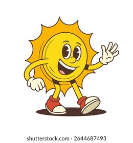 Sun mascot walking forward with a big smile and waving hand, wearing classic sneakers and gloves. Suitable for summer, weather, vacation, and cheerful designs. Bright and playful vector illustration
