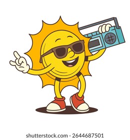 Sun mascot wearing sunglasses and classic sneakers holds a cassette player on the shoulder while showing a rock hand gesture. Perfect for music, retro, summer, and fun designs. Vector illustration