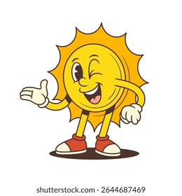 Mascote do sol piscando enquanto faz um gesto de mão convidativo. Ideal para o verão, férias, clima e projetos de marca alegres. Perfeito para logotipos, mídias sociais e materiais publicitários