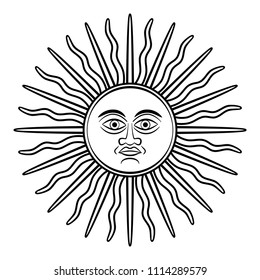 Sun of May, Sol de Mayo, symbol, appearing on early Argentine silver coins. National emblem of Argentina and Uruguay on their country flags. Sun with face and sunbeams. Illustration over white. Vector