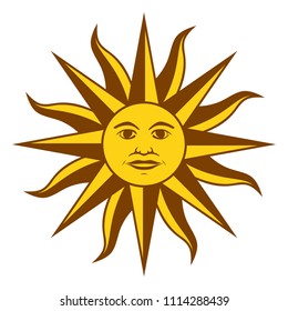 Sun of May, Spanish Sol de Mayo, a national emblem of Uruguay on the country flag. Radiant golden yellow sun with a face and sixteen straight and sixteen wavy rays. Illustration over white. Vector.