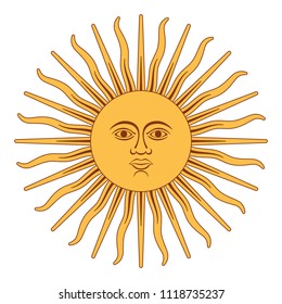 Sun of May, Spanish Sol de Mayo, a national emblem of Argentina on the country flag. Radiant golden yellow sun with a face and sixteen straight and sixteen wavy rays. Illustration over white. Vector.