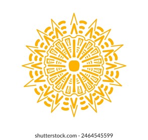 Sun Mayan Aztec totem. Isolated vector yellow ornate circle represents power, life or divinity, embodying solar energy, significance in ancient Mesoamerican culture, religious and cosmological beliefs