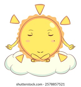 Sun meditating on a cloud, cartoon character, vector illustration